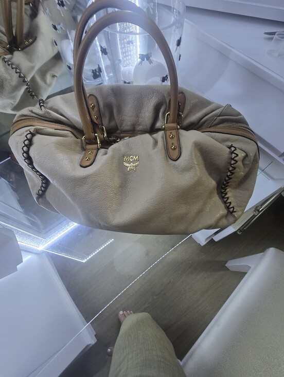 MCM Handbags - MCM Taupe Leather Dual-Handle Shoulder Bag with Gold Logo